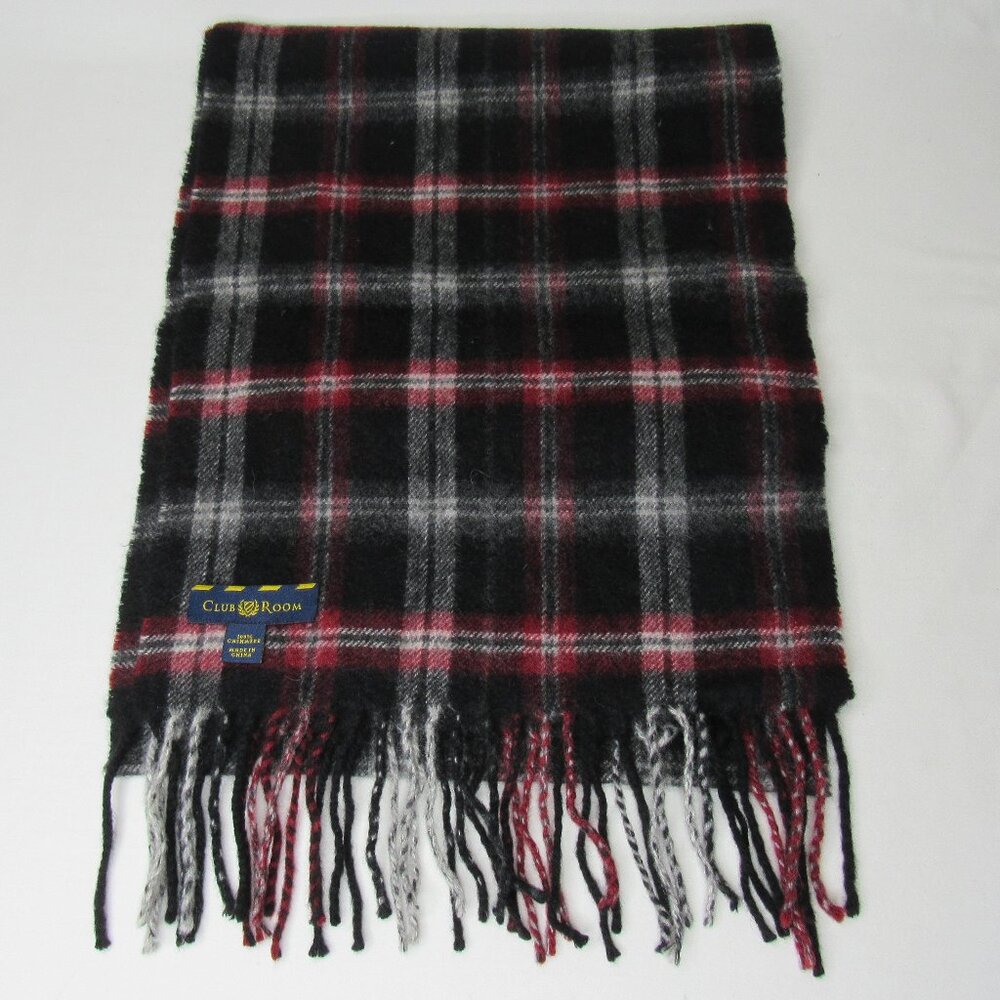 Club Room Black Red Check Plaid 100% Cashmere Scarf Fringe End Men's